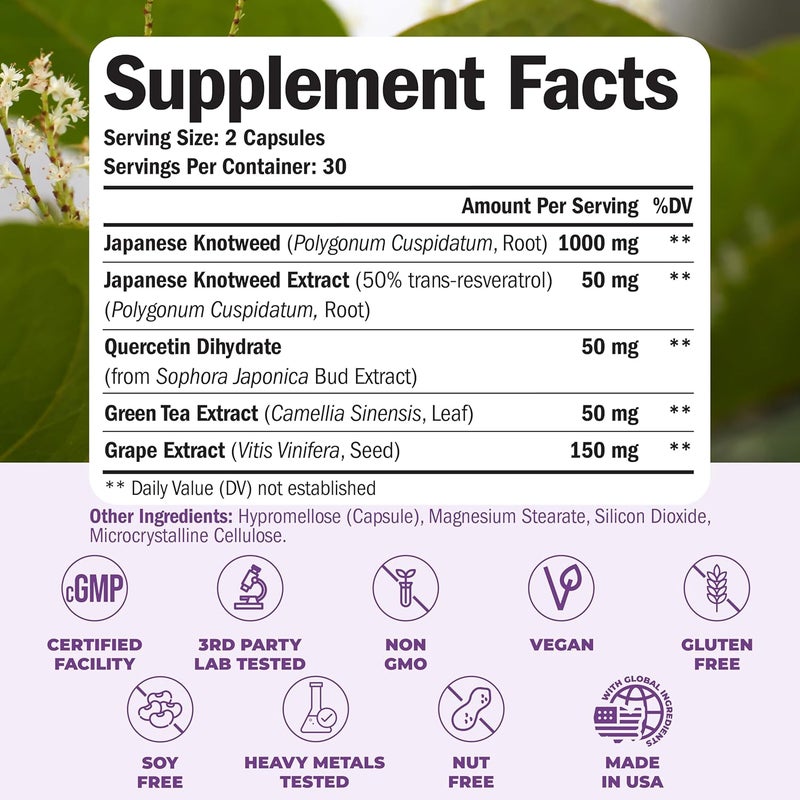 Vimerson Health Japanese Knotweed Capsules  Resveratrol Supplement with 1000mg Japanese Knotweed Green Tea Extract Quercetin Grape Extract Potent Antioxidant for Healthy Aging  Cardiovascular Support 60 Caps - Image 3