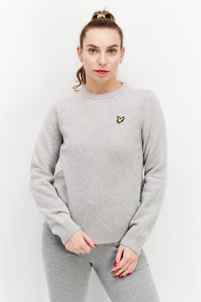 Lyle & Scott Women Crew Neck Embroidered Logo Knitted Sweater, Heather Grey - Image 1