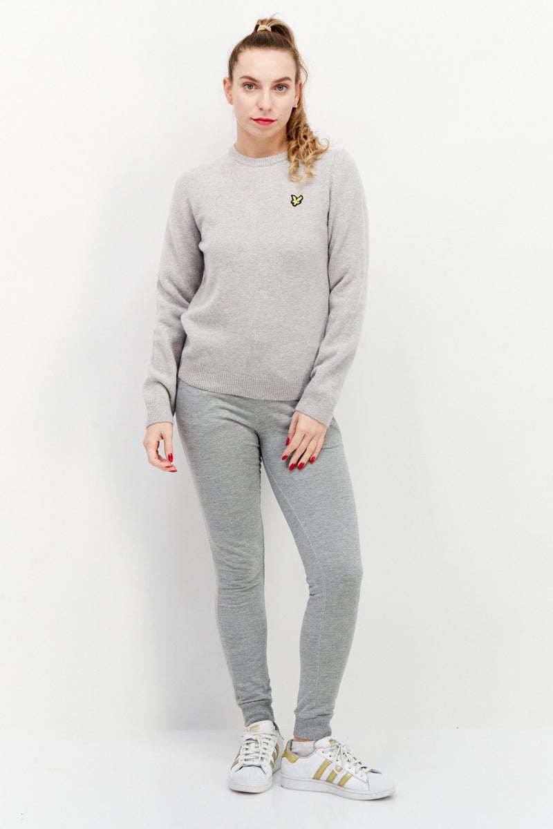 Lyle & Scott Women Crew Neck Embroidered Logo Knitted Sweater, Heather Grey - Image 4