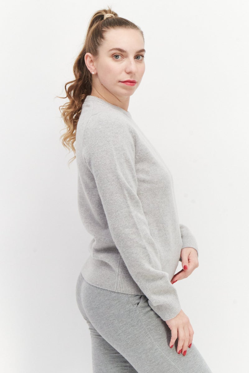 Lyle & Scott Women Crew Neck Embroidered Logo Knitted Sweater, Heather Grey - Image 2