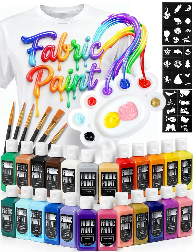TMOL Fabric Paint Set - Permanent & Washer Safe, 24 Vibrant Colors, in Bottles (60ml/2oz), Non-Toxic Certified Fabric Paint with Brushes & Stencils, Textile Paint for Clothes, DIY Projects & Art - Image 1