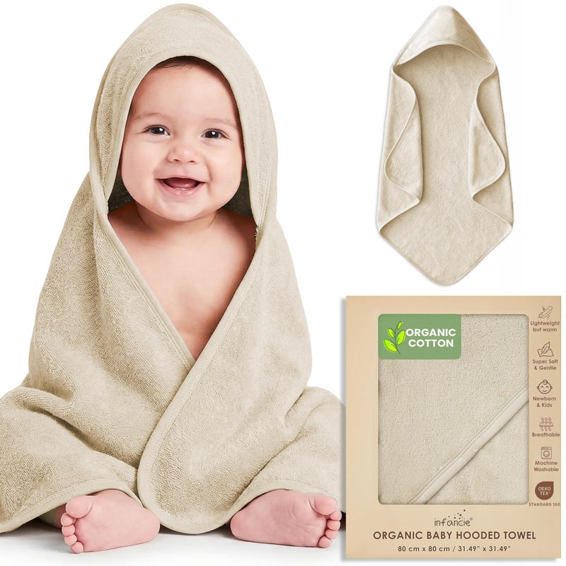 infancie 100% Organic Cotton Plush Woven Hooded Baby Bath Towels - Soft and Absorbent 31x31 Inches for Newborns and Kids, Hooded Baby Towels, Premium Infant Towels (Ivory) - Image 1
