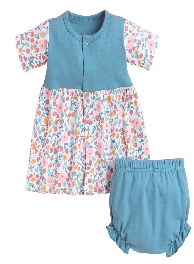 EIO Baby Girl's 2-Piece Dress Set, Short Sleeve Cotton Frock with Bloomers, Print (in, Age, 0 Months, 3 Months, Regular, Green) - Image 1