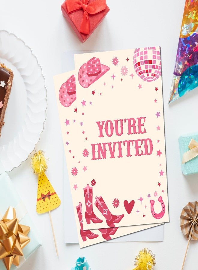Soiceu Pink Disco Cowgirl Birthday Party Invitations with Envelopes Set of 20 Retro Cowgirl Birthday Party Invites - Image 3
