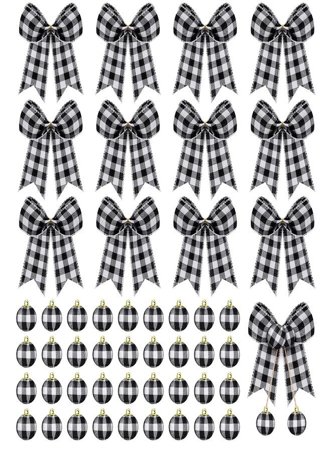 Chuangdi 36 Pcs Christmas Buffalo Plaid Ball Ornament and 12 Pcs Bow - Xmas Tree Hanging Decor for Holiday Farmhouse Party (Black and White, 5.9 Inch and 1 Inch) - Image 1