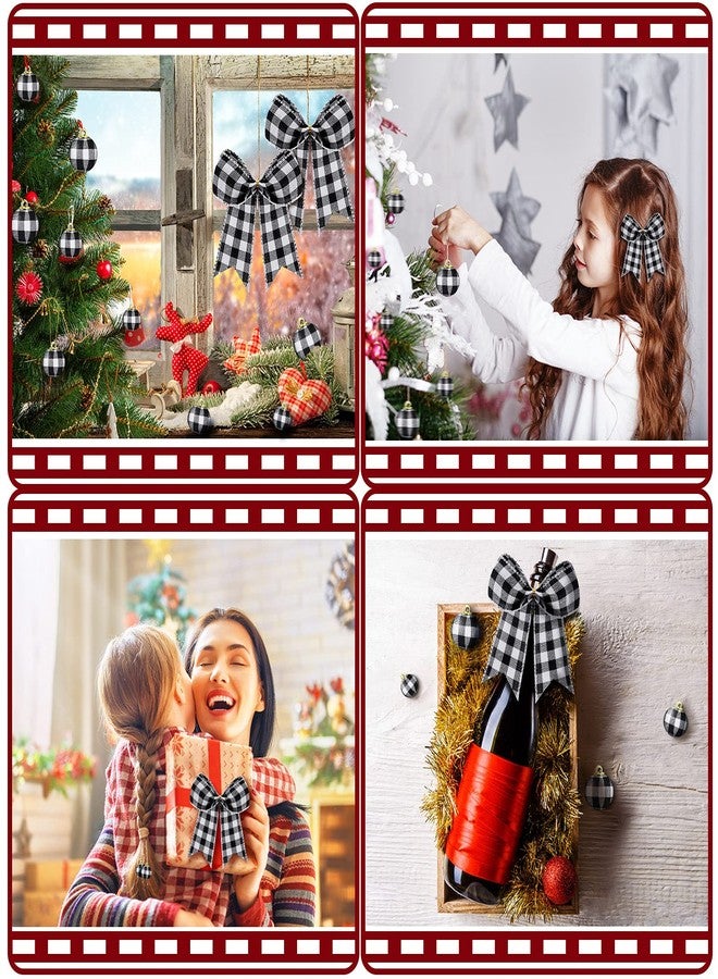 Chuangdi 36 Pcs Christmas Buffalo Plaid Ball Ornament and 12 Pcs Bow - Xmas Tree Hanging Decor for Holiday Farmhouse Party (Black and White, 5.9 Inch and 1 Inch) - Image 5
