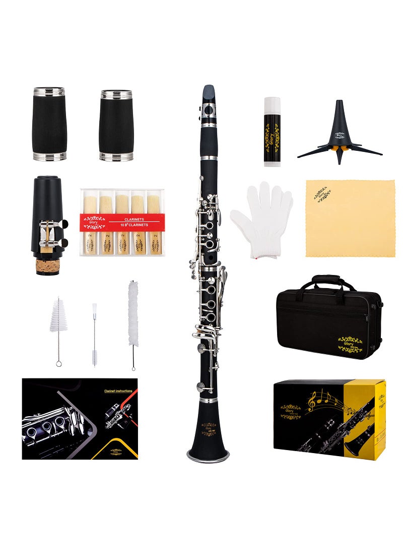 Glory Glory GLY-PBK Professional Ebonite Bb Clarinet with 10 Reeds, Stand, Hard Case, Cleaning Cloth, Cork Grease, Mouthpiece Brush and Pad Brush, Black  - Image 1