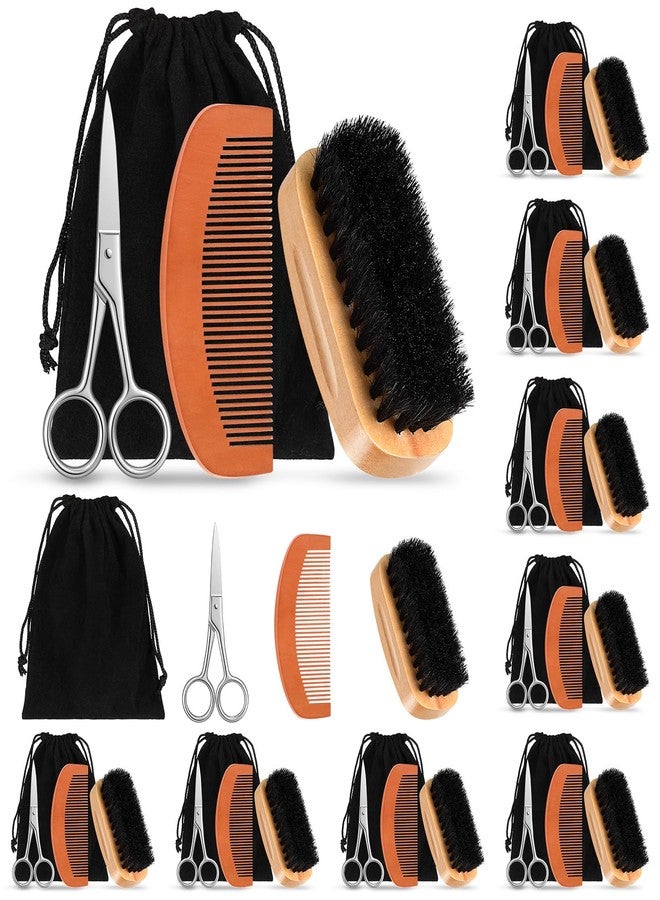 Maitys 10 Sets Beard Brush and Comb Set Bulk Boar Bristle Beard Brush Comb Scissors Kit Gifts for Men Father Colleague Employee Appreciation(Rectangle - Image 1
