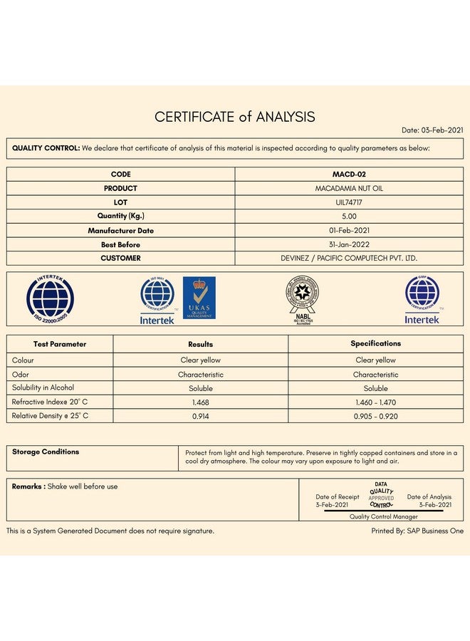 ديفينيز زيت جوز المكاديميا من ديفينيز المعصور على البارد - 500 مل، (معتمد من NABL وIFRA) - نقي 100%، طبيعي وغير مخفف في زجاجة من الألومنيوم المؤكسد - حمض الأوليك (أوميغا 9)، لشعر صحي، ومنع التجاعيد والبقع العمرية وعلامات الشيخوخة الأخرى - Image 2