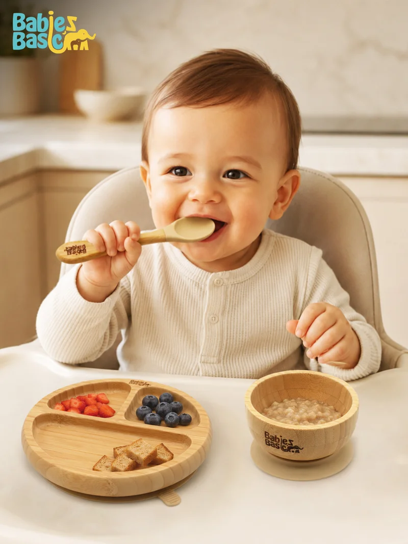 Babies Basic Babies Basic Bamboo plate, Bowl with suction and Silicone Spoon for Kids, Beige