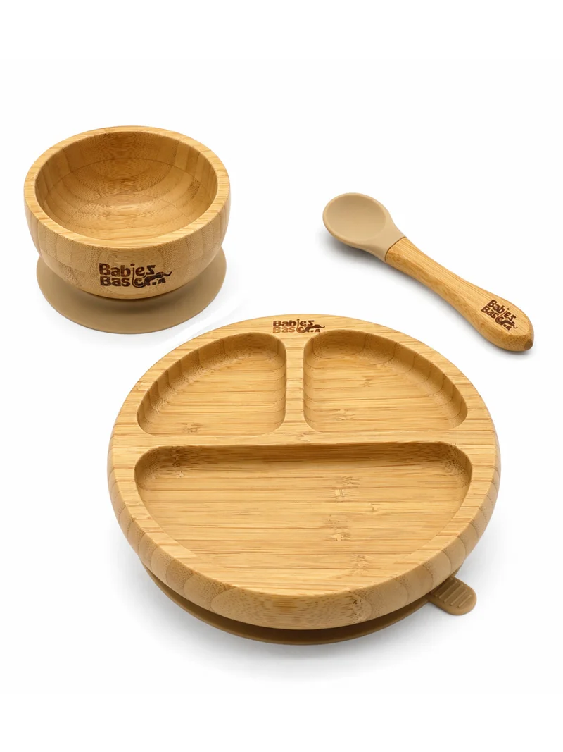 Babies Basic Babies Basic Bamboo plate, Bowl with suction and Silicone Spoon for Kids, Beige