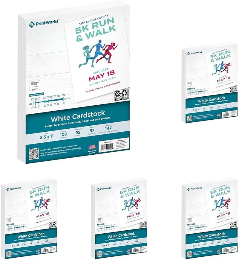 PrintWorks White Cardstock, 67 lb, 92 Bright, FSC Certified, Perfect for School and Craft Projects, 8.5 x 11 Inch, 100 Sheets (00540) (Pack of 5) - Image 1