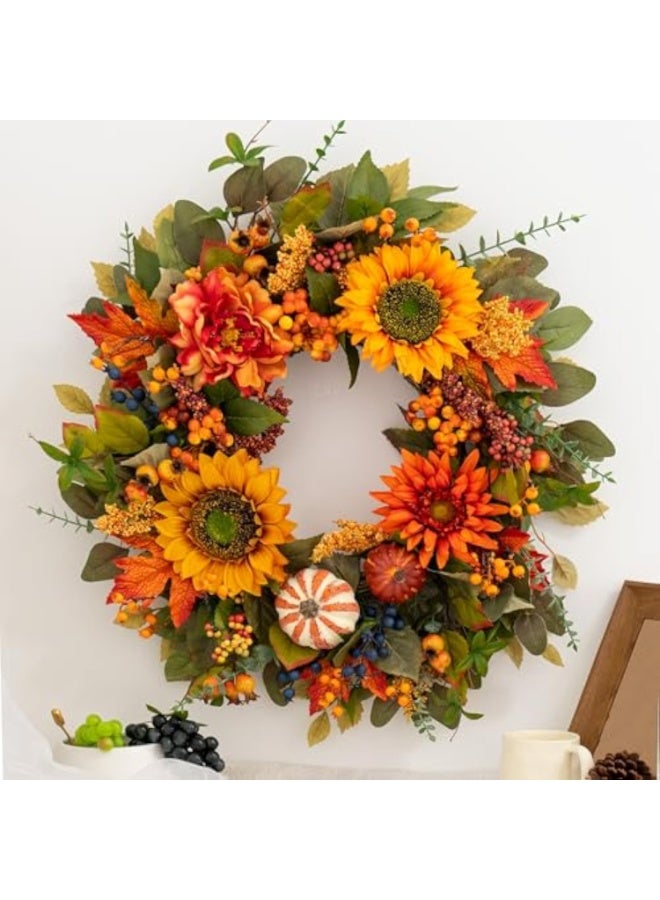 يُسلِّم أكاليل خريفية للباب الأمامي، إكليل خريفي مقاس 24 بوصة مزين بالقرع وعباد الشمس والتوت وأوراق القيقب، إكليل باب خريفي خارجي لعيد الشكر - Image 1