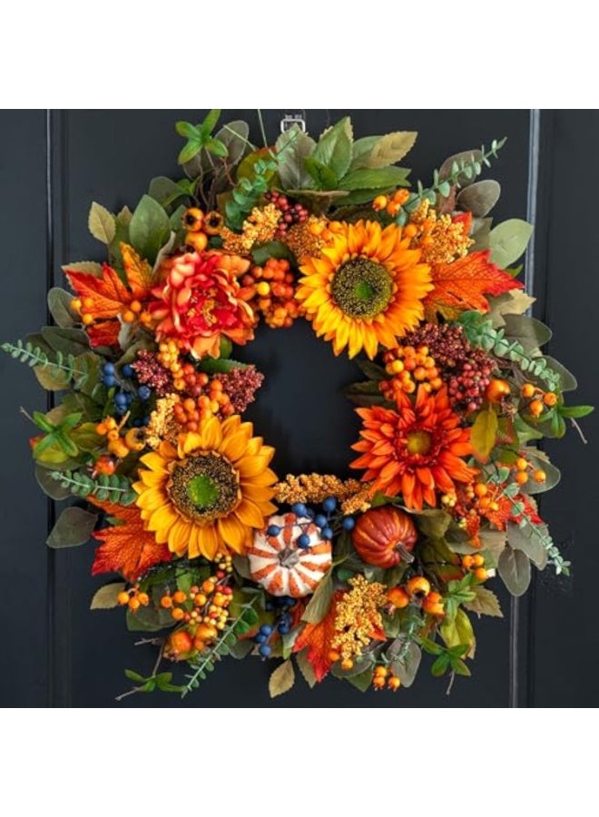 يُسلِّم أكاليل خريفية للباب الأمامي، إكليل خريفي مقاس 24 بوصة مزين بالقرع وعباد الشمس والتوت وأوراق القيقب، إكليل باب خريفي خارجي لعيد الشكر - Image 2