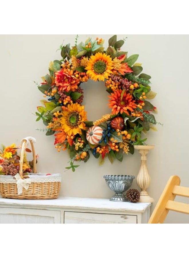 يُسلِّم أكاليل خريفية للباب الأمامي، إكليل خريفي مقاس 24 بوصة مزين بالقرع وعباد الشمس والتوت وأوراق القيقب، إكليل باب خريفي خارجي لعيد الشكر - Image 3