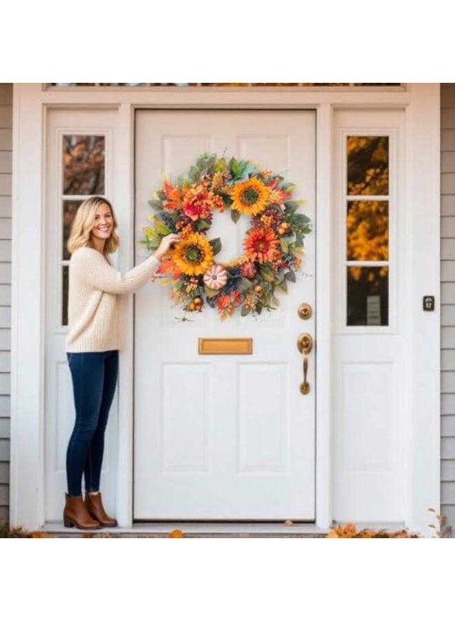 يُسلِّم أكاليل خريفية للباب الأمامي، إكليل خريفي مقاس 24 بوصة مزين بالقرع وعباد الشمس والتوت وأوراق القيقب، إكليل باب خريفي خارجي لعيد الشكر - Image 4