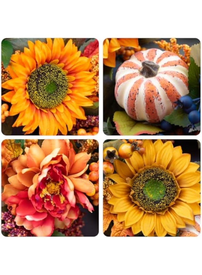 يُسلِّم أكاليل خريفية للباب الأمامي، إكليل خريفي مقاس 24 بوصة مزين بالقرع وعباد الشمس والتوت وأوراق القيقب، إكليل باب خريفي خارجي لعيد الشكر - Image 5