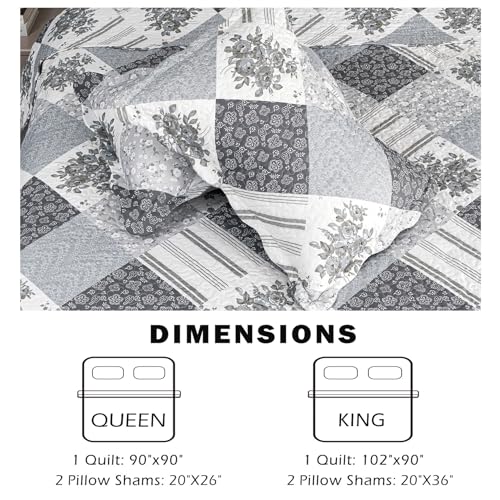 Cmfshape Summer Floral King Bedspread,Romantic Grey Quilt Set King,Reversible Stitched Bedding Set All Season,Soft Lightweight Coverlet with Pillow Cases (Dark Grey, King102 x90) - Image 5