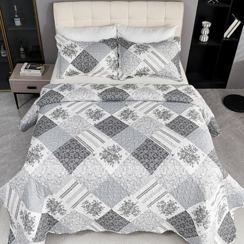 Cmfshape Summer Floral King Bedspread,Romantic Grey Quilt Set King,Reversible Stitched Bedding Set All Season,Soft Lightweight Coverlet with Pillow Cases (Dark Grey, King102 x90) - Image 4