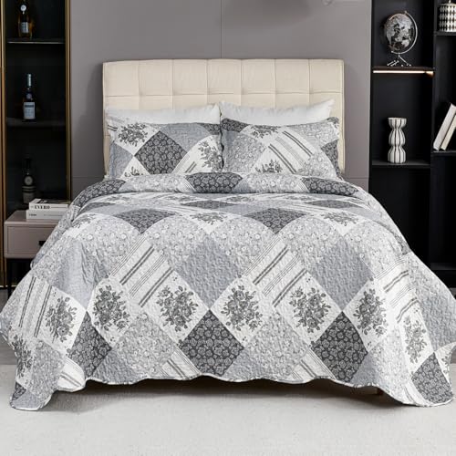 Cmfshape Summer Floral King Bedspread,Romantic Grey Quilt Set King,Reversible Stitched Bedding Set All Season,Soft Lightweight Coverlet with Pillow Cases (Dark Grey, King102 x90) - Image 1