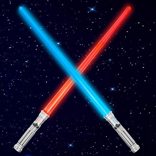 SYNCFUN 2 Pack 7 Colors Light Up Swords for Kids Dual Extendable LED Swords Set with FX Sound Motion Sensitive and Sliver Handle for Fighters and Warriors Halloween Birthday Party Gift for Boys - Image 1