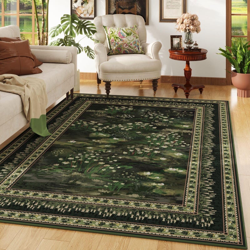 Rugcomf Area Rugs 9x12 Living Room Clearance Impressionist-Style Vintage Washable Rug Non Slip Low Pile Large Rug for Bedroom Farmhouse Dining Room Kids Playroom, Green - Image 1