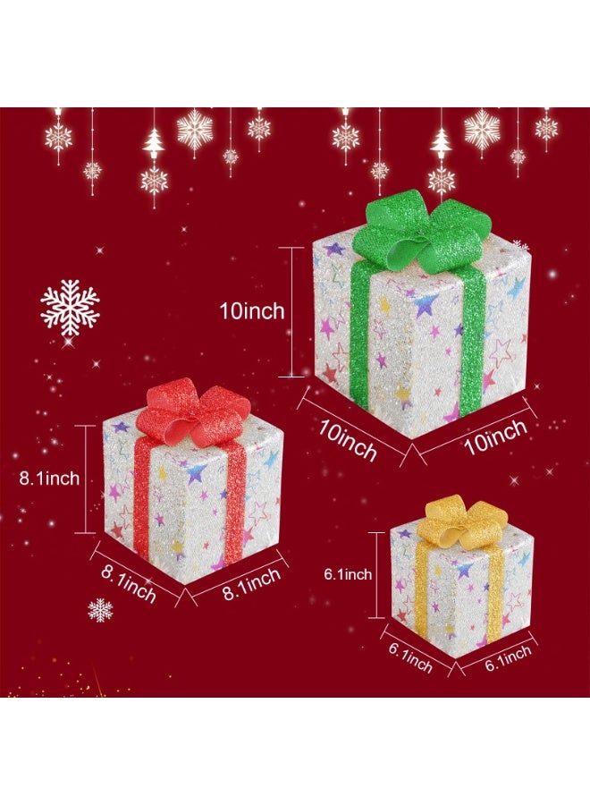 Chielor Christmas Lighted Gift Boxes, Set of 3 LED with Remote & 8 Lighting Modes, Outdoor Lighted Christmas Decorations, Light Up Gift Box for Party Xmas Decor Outdoor Display (Silver Star) - Image 2