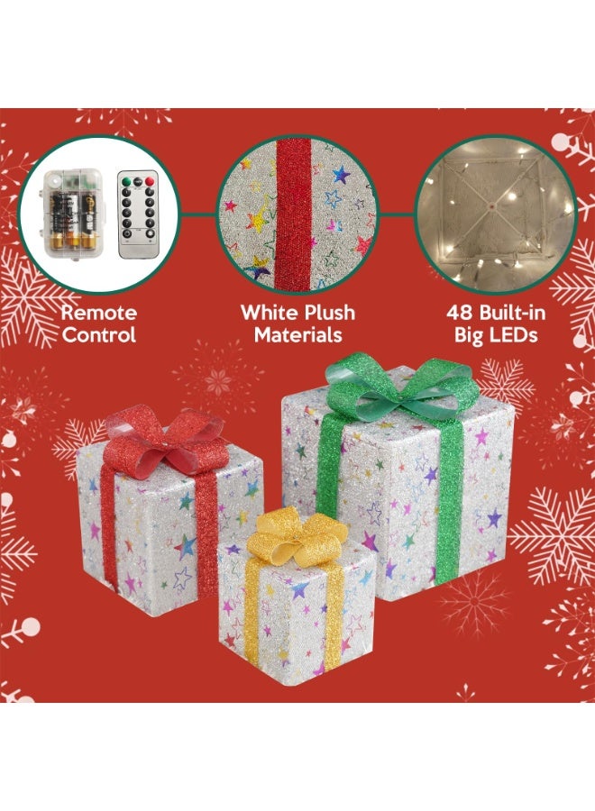 Chielor Christmas Lighted Gift Boxes, Set of 3 LED with Remote & 8 Lighting Modes, Outdoor Lighted Christmas Decorations, Light Up Gift Box for Party Xmas Decor Outdoor Display (Silver Star) - Image 3
