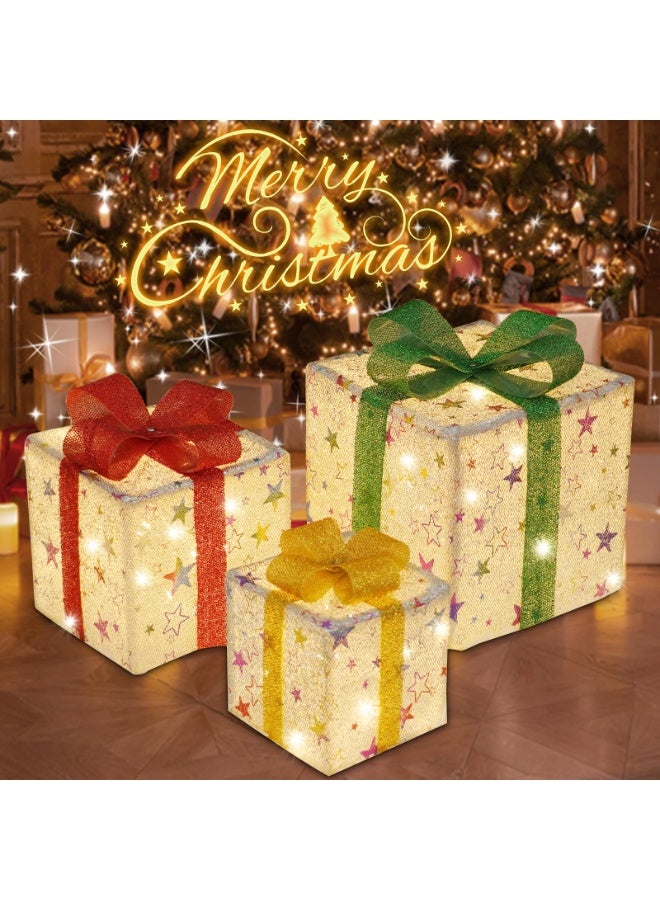 Chielor Christmas Lighted Gift Boxes, Set of 3 LED with Remote & 8 Lighting Modes, Outdoor Lighted Christmas Decorations, Light Up Gift Box for Party Xmas Decor Outdoor Display (Silver Star) - Image 1