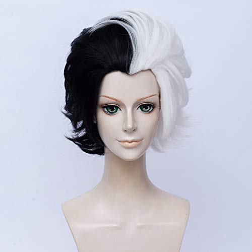 QACCF Short Layered Curly Half White Half Black Costume Mad Scientist Women Wig - Image 4