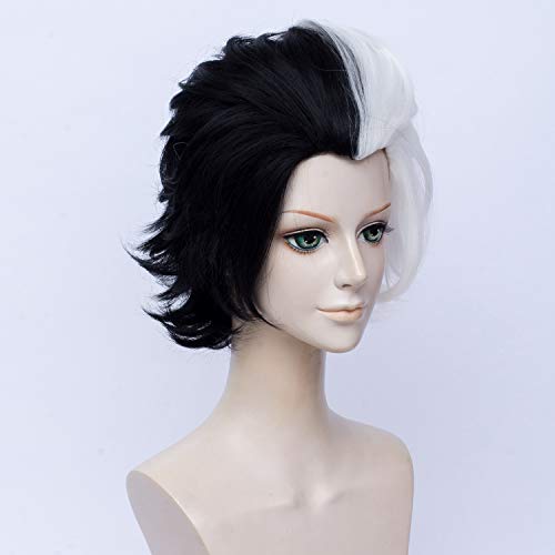 QACCF Short Layered Curly Half White Half Black Costume Mad Scientist Women Wig - Image 3