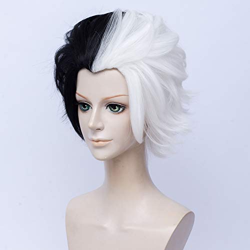 QACCF Short Layered Curly Half White Half Black Costume Mad Scientist Women Wig - Image 2