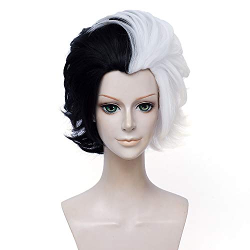 QACCF Short Layered Curly Half White Half Black Costume Mad Scientist Women Wig - Image 1