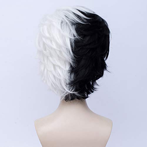 QACCF Short Layered Curly Half White Half Black Costume Mad Scientist Women Wig - Image 5