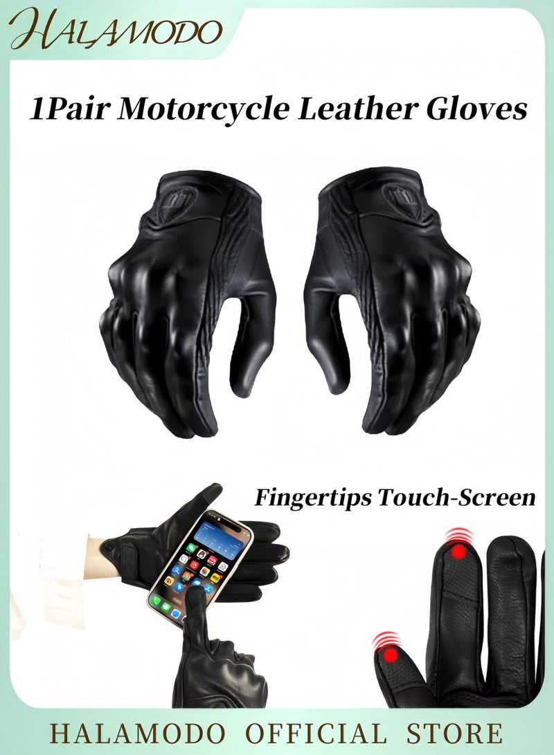 Halamodo Motorcycle Leather Gloves Touch Screen Full Finger Gloves Premium Protective Gloves Classic Motocross Gloves Hard Reinforced Knuckle Gloves Stylish Gloves for Men & Women - Image 1