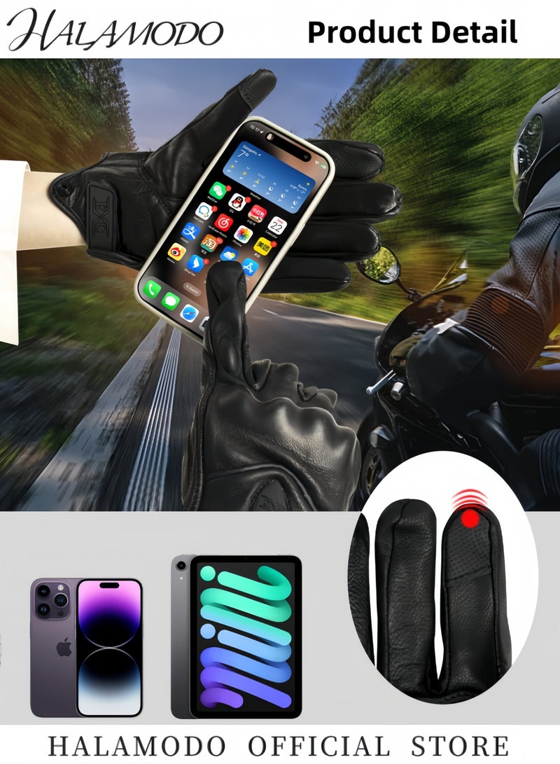 Halamodo Motorcycle Leather Gloves Touch Screen Full Finger Gloves Premium Protective Gloves Classic Motocross Gloves Hard Reinforced Knuckle Gloves Stylish Gloves for Men & Women - Image 3