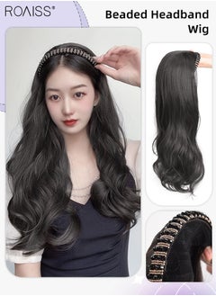 roaiss Beaded Headband Wavy Wig for Women, Beaded Hair Hoop with Long Synthetic Wavy Hairpiece Hair Accessories, Natural Black, 60cm (24 inch)  - Image 1