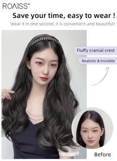 roaiss Beaded Headband Wavy Wig for Women, Beaded Hair Hoop with Long Synthetic Wavy Hairpiece Hair Accessories, Natural Black, 60cm (24 inch)  - Image 2