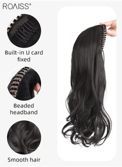 roaiss Beaded Headband Wavy Wig for Women, Beaded Hair Hoop with Long Synthetic Wavy Hairpiece Hair Accessories, Natural Black, 60cm (24 inch)  - Image 4