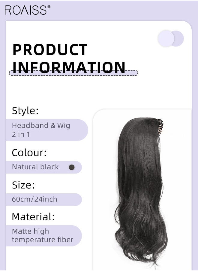 roaiss Beaded Headband Wavy Wig for Women, Beaded Hair Hoop with Long Synthetic Wavy Hairpiece Hair Accessories, Natural Black, 60cm (24 inch)  - Image 3