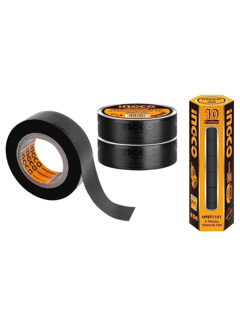 INGCO 10Pcs PVC Insulating Tape - 10 Yards, 18mm x 0.13mm, Black Electrical Tape - for Electricians Black tape HPET1103 - Image 1