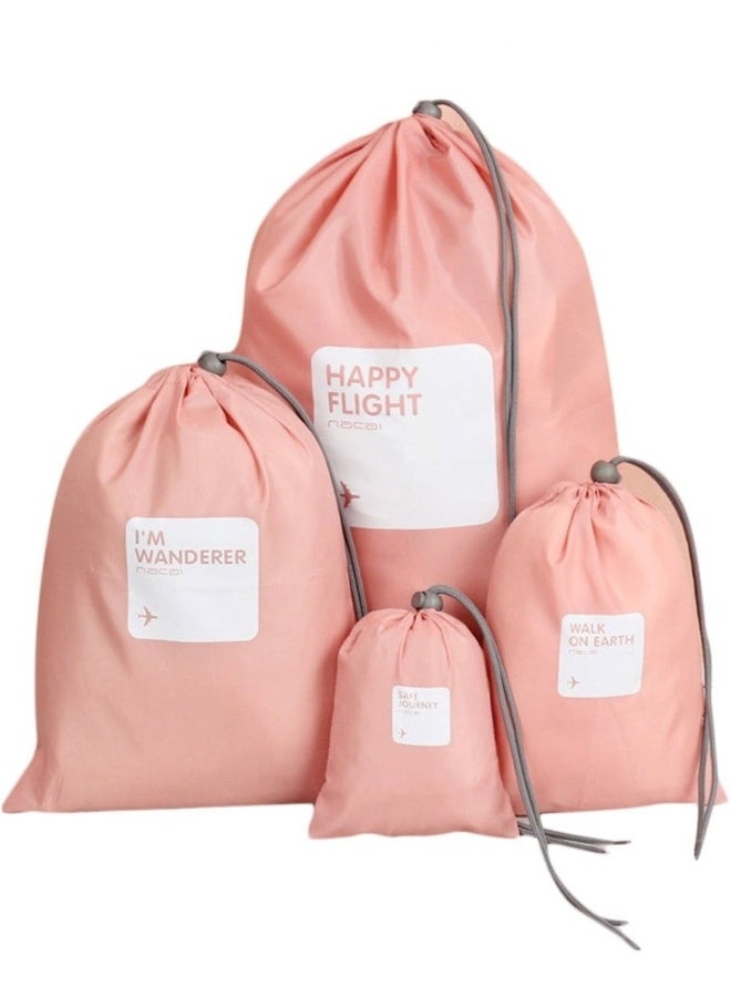 مجموعة 4 حقائب سفر من النايلون مقاومة للماء برباط – حقائب صغيرة الحجم لتخزين الإكسسوارات والمكياج والأغراض اليومية – طقم متين متعدد الاستخدامات للمنزل والمكتب والسفر – تنظيم عملي وسهل للأدوات الشخصية والأغراض الصغيرة – لون وردي جذاب - Image 1
