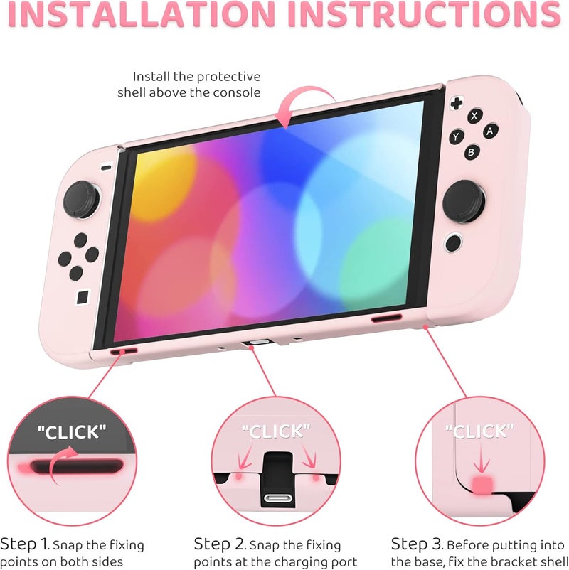 FANPL حزمة حالة FANPL لإكسسوارات نينتندو سويتش OLED، حقيبة حمل لسويتش OLED وجهاز تحكم Joy Con مع حافظة واقية صلبة قابلة للطي وواقي شاشة، 4 مقابض للإبهام، حزام كتف (وردي) - Image 5