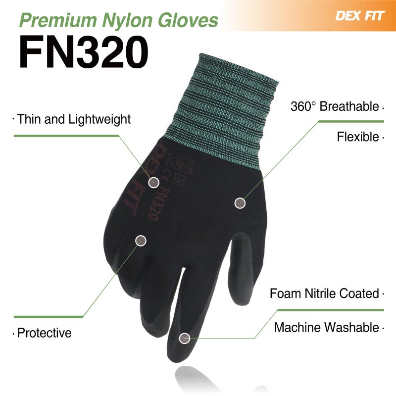 Dex Fit Premium Nylon Nitrile Work Hloves Fn320 12 Pairs 3D-Comfort Fit Firm Grip Thin & Lightweight Deable and Cool Machine قابل للغسل ؛ الأسود 7 (ق) - Image 2