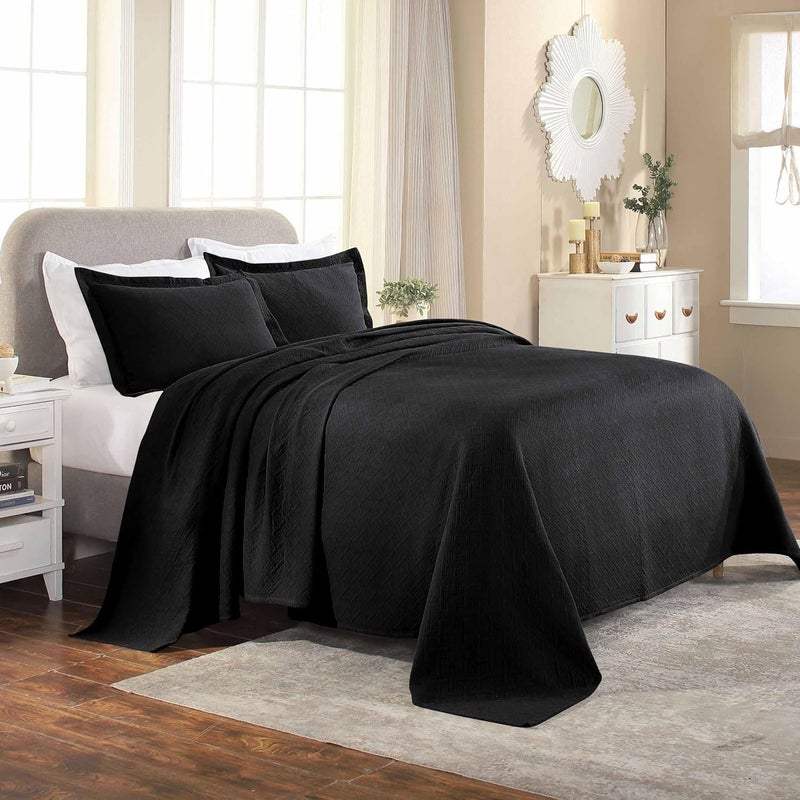 Superior Superior 100 Cotton Basket Weave Bedspread with Shams AllSeason Premium Cotton Matelasse Jacquard Bedding QuiltedLook Geometric Basket Queen Black 