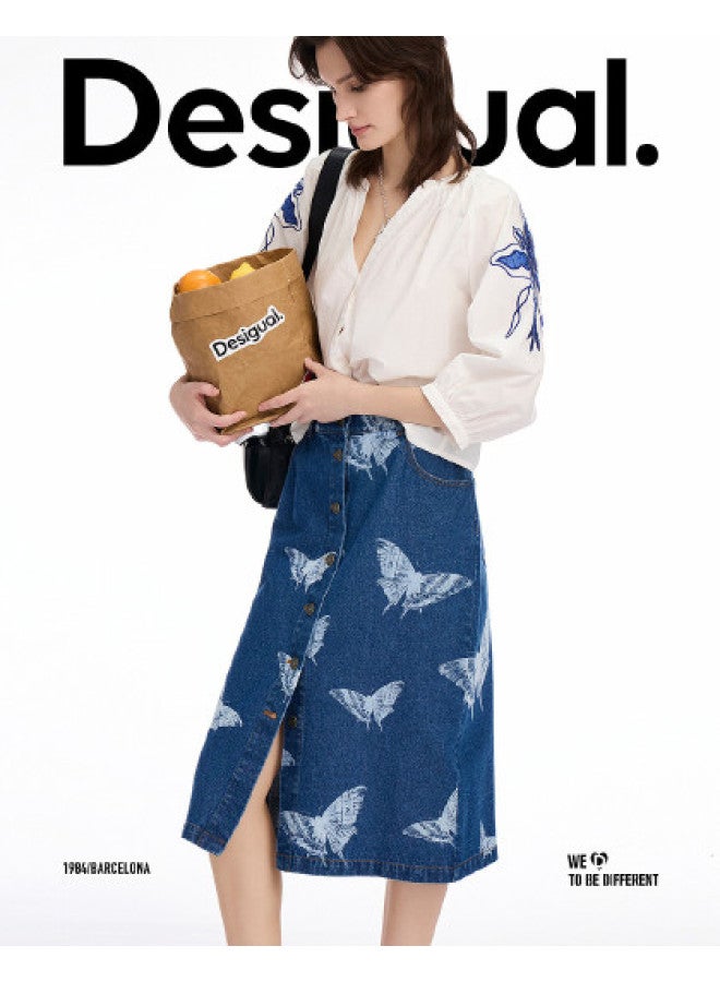 DESIGUAL تنورة قطنية جينز بطبعة فراشة فنية - Image 1