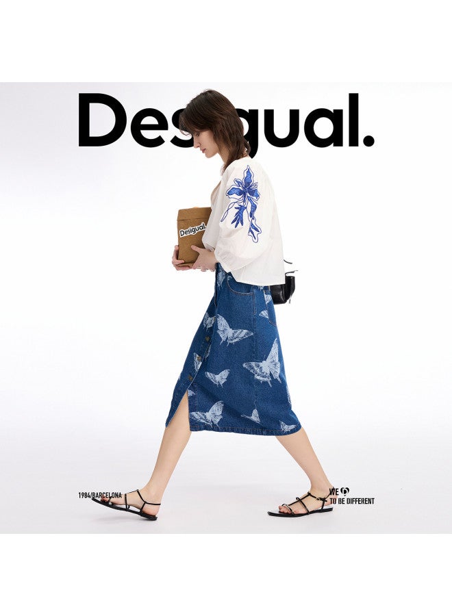 DESIGUAL تنورة قطنية جينز بطبعة فراشة فنية - Image 5