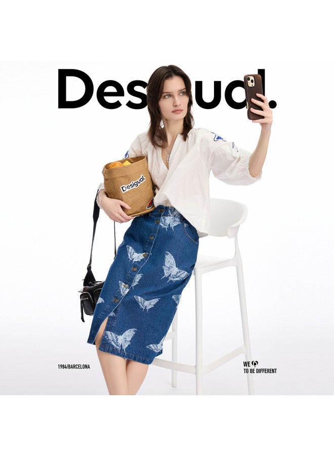 DESIGUAL تنورة قطنية جينز بطبعة فراشة فنية - Image 3