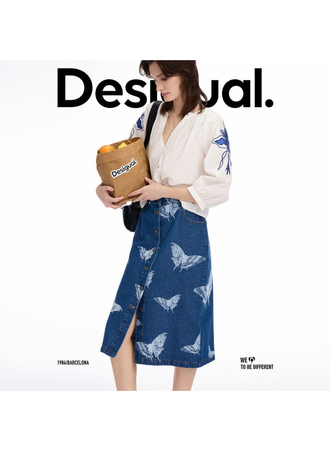 DESIGUAL تنورة قطنية جينز بطبعة فراشة فنية - Image 2