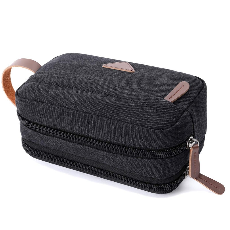Mactso Mens Travel Toiletry Bag Canvas Leather Cosmetic Makeup Organizer Shaving Dopp Kits with Double Compartments (Black) - Image 2